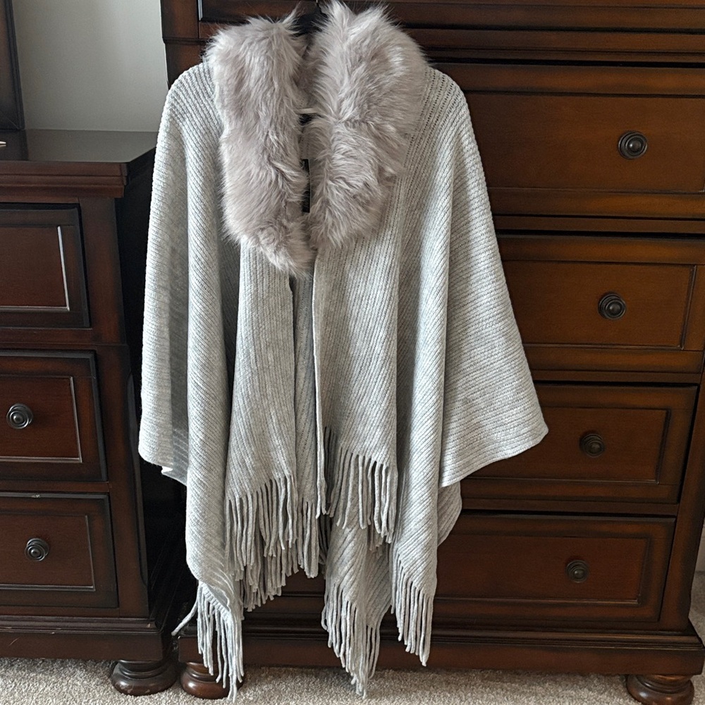 Mixit Gray Faux Fur Poncho